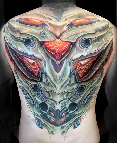 tattoos/ - Realistic color futuristic armor biomech back tattoo - 144005